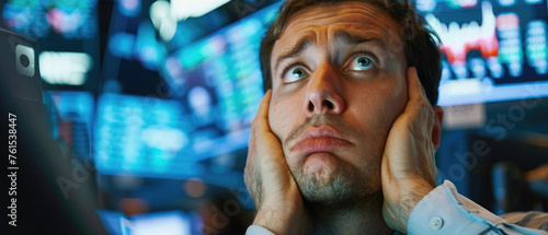 Sad depressed business man stock trading market investor or financial broker, businessman trader feeling frustrated about money loss, stock market fall, economic recession or bankruptcy.