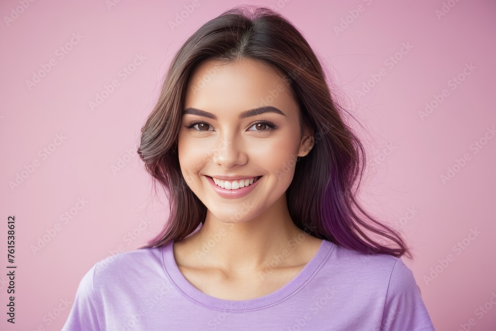 Charming, cute woman wearing a purple t-shirt, smiles, filling the frame, isolated on a pink background, natural light, high-key exposure, photography terms like bokeh effect, soft focus, pastel tones Charming, cute woman wearing a purple t-shirt, smiles, filling the frame, isolated on a pink background, natural light, high-key exposure, photography terms like bokeh effect, soft focus, pastel tones