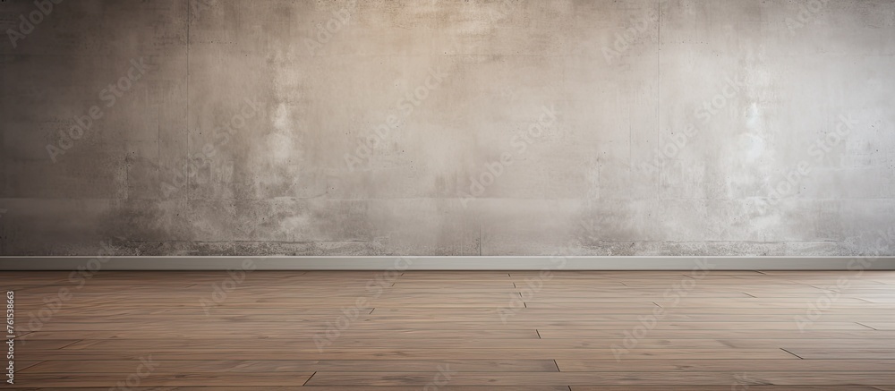 A beige rectangular room with a hardwood floor and concrete walls. The wooden flooring adds warmth to the space, with tints and shades of brown A beige rectangular room with a hardwood floor and concrete walls. The wooden flooring adds warmth to the space, with tints and shades of brown