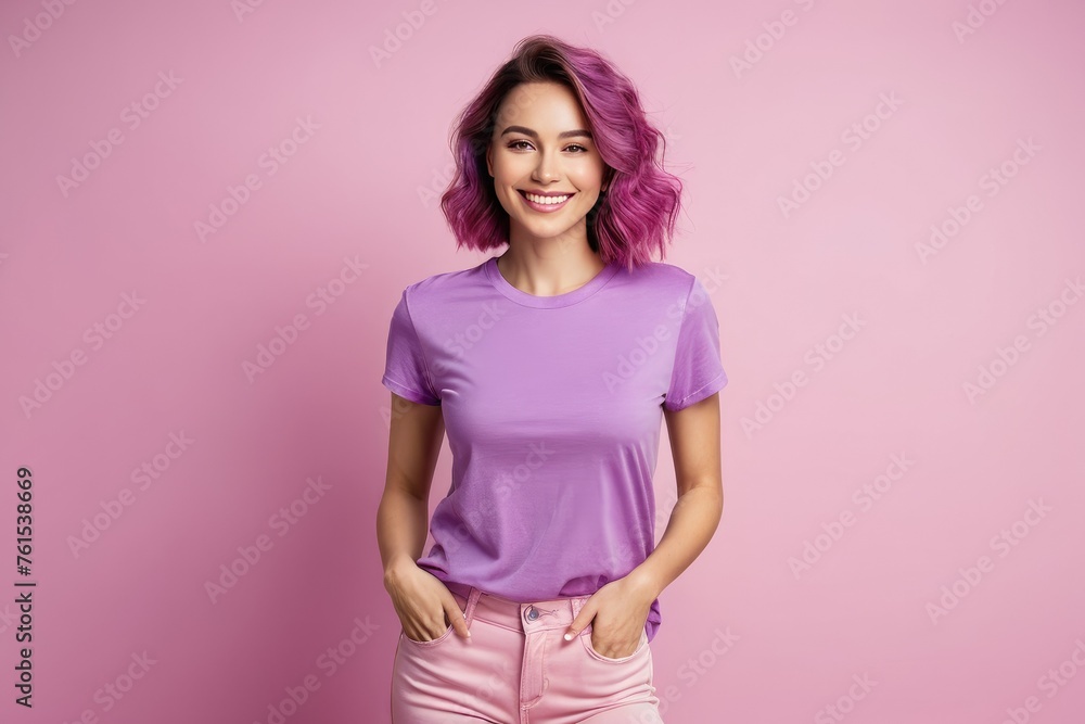 Charming woman in purple t-shirt, full body pose, smiling, isolated on an empty space, background in shades of pink, high key lighting, soft-focus effect, vibrant yet subtle gradients, ultra clear Charming woman in purple t-shirt, full body pose, smiling, isolated on an empty space, background in shades of pink, high key lighting, soft-focus effect, vibrant yet subtle gradients, ultra clear