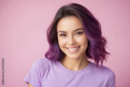 Charming, cute woman wearing a purple t-shirt, smiles, filling the frame, isolated on a pink background, natural light, high-key exposure, photography terms like bokeh effect, soft focus, pastel tones