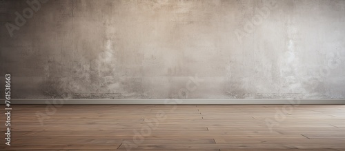 A beige rectangular room with a hardwood floor and concrete walls. The wooden flooring adds warmth to the space, with tints and shades of brown