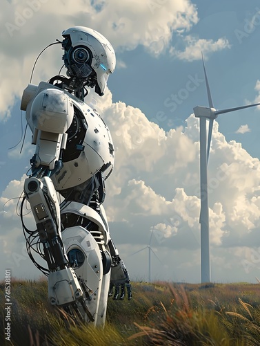 Robot standing in grass field with cloudy sky - White robot gazes at a windmill, symbolizing the intersection of technology and environmentalism in a natural setting