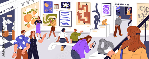 Modern art museum. People visit gallery, look on exhibits, view painting, contemplate artwork, walk in exposition, take photo, watch statue, sit and enjoy picture, exhibition. Flat vector illustration