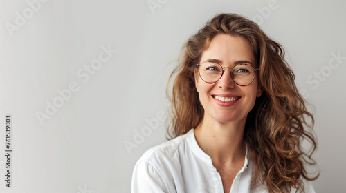 closeup of beautiful young woman's face, clean makeup free glasses, isolated on plain light white studio background with copy space © Ricky