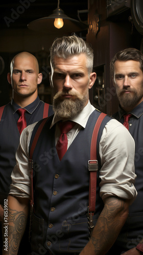 Portrait of barbers dressed in stylish uniforms.