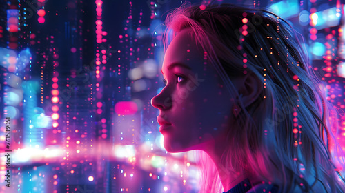 Mysterious woman in a neon-lit city with abstract lights represents futuristic nightlife