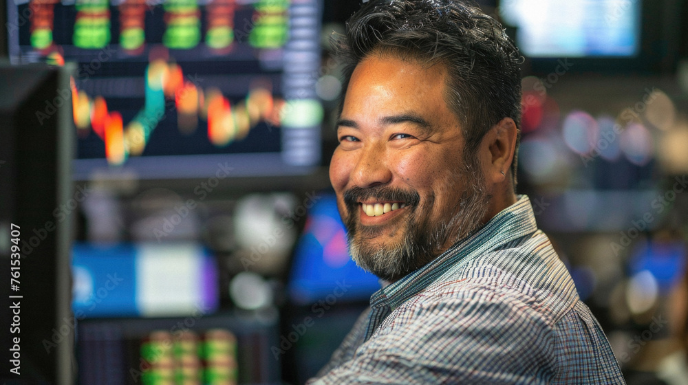 Happy excited rich business man stock trading exchange market investor broker, businessman trader feeling winner looking at financial charts growth. Money win, stock market growth, success. Happy excited rich business man stock trading exchange market investor broker, businessman trader feeling winner looking at financial charts growth. Money win, stock market growth, success.