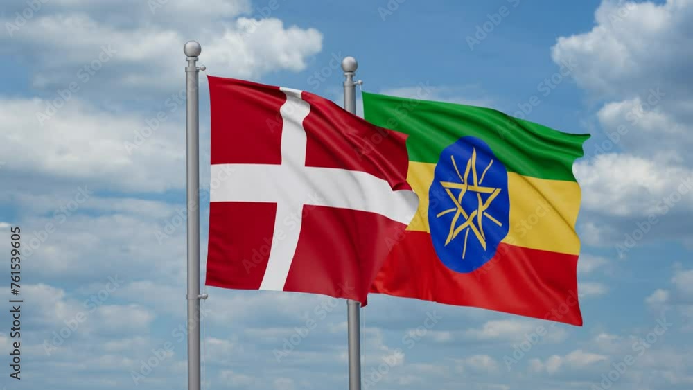 Ethiopia and Denmark two flags waving together, looped video, two country relations concept Ethiopia and Denmark two flags waving together, looped video, two country relations concept