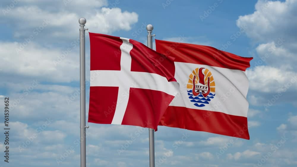 French Polynesia and Denmark two flags waving together, looped video, two country relations concept French Polynesia and Denmark two flags waving together, looped video, two country relations concept