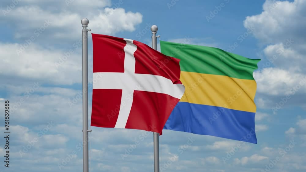 Gabon and Denmark two flags waving together, looped video, two country relations concept Gabon and Denmark two flags waving together, looped video, two country relations concept