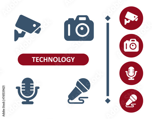 Technology icons. Device, CCTV, security camera, DSLR camera, microphone, podcast icon