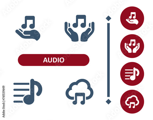 Audio icons. Sound, hand, hands, music note, musical note, sheet music, cloud computing, song icon