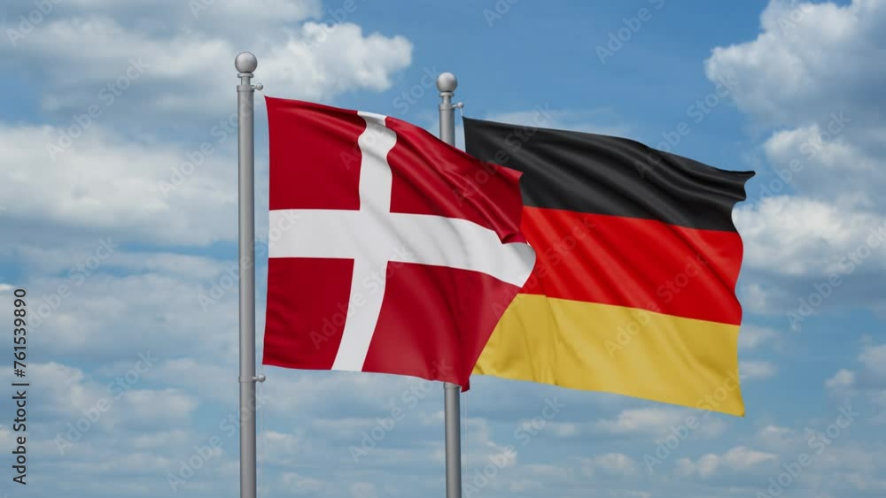 Germany and Denmark two flags waving together, looped video, two country relations concept Germany and Denmark two flags waving together, looped video, two country relations concept
