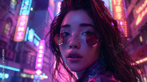 An artful 3D rendering of a woman with reflective glasses amidst a neon-soaked city atmosphere
