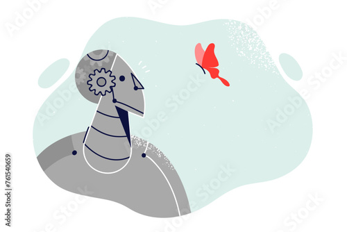 Robot with artificial intelligence examines flying butterfly, symbiosis of animal world and AI
