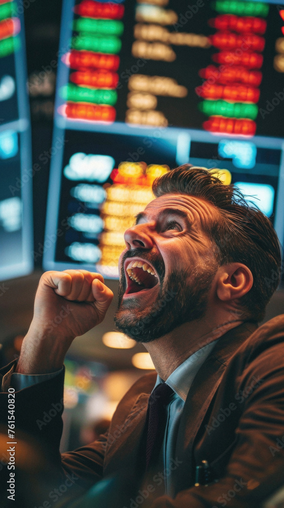 Happy crazy euphoric rich business man stock trading exchange market investor broker, businessman trader winner celebrating success financial charts growth. Money profit win, stock market growth. Happy crazy euphoric rich business man stock trading exchange market investor broker, businessman trader winner celebrating success financial charts growth. Money profit win, stock market growth.