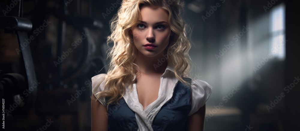 A woman with long hair, wearing a white shirt and blue vest, stands in a dark room. The electric blue color contrasts with the darkness, giving an air of mystery and elegance A woman with long hair, wearing a white shirt and blue vest, stands in a dark room. The electric blue color contrasts with the darkness, giving an air of mystery and elegance