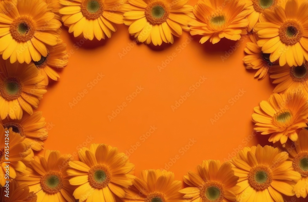 Frame of calendula leaves on an orange background. Copy space, place for text, empty space. View from above. Frame of calendula leaves on an orange background. Copy space, place for text, empty space. View from above.