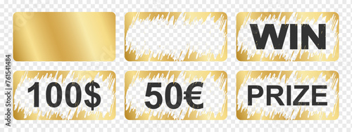 Golden scratch card surfaces with new and scraped textures with Win, Prize and money winning text. Set of of winner lotteries, sale coupons, jackpot scratchcards templates. Vector illustration.
