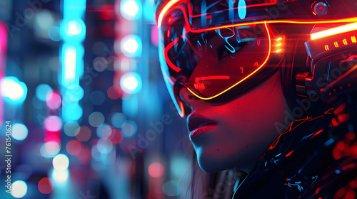 An enigmatic robotic figure is showcased amidst the backdrop of intense neon lights of a city at night