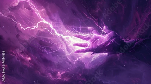sleek stylized simple graphical ttrpg game card design of lightning flowing from a hand delivering a devistating shock and explosion of electricity colors of purple