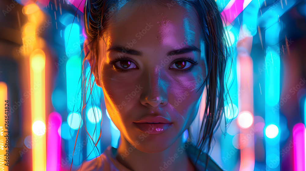 Close-up shot of a woman with captivating eyes surrounded by stark, colorful neon light reflections Close-up shot of a woman with captivating eyes surrounded by stark, colorful neon light reflections