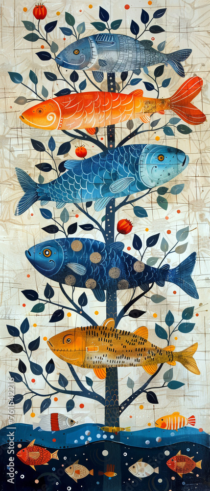 A fishing guide illustrated in the style of folk art where each fish is linked to a logical puzzle teaching the reader about the ecosystem