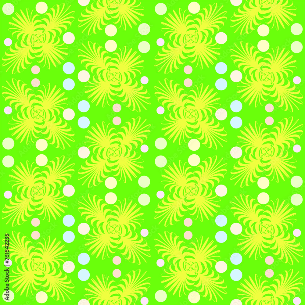 Seamless vector pattern, ornament with flowers, swirls and circles in trendy colors. Seamless vector pattern, ornament with flowers, swirls and circles in trendy colors.