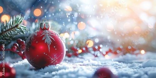 Christmas holiday background with red ball on snow photo