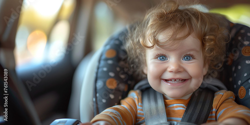 Happy cheerfull child in the car carriage photo