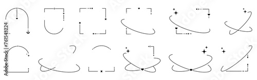 Modern minimalistic linear frames, with stars, heart, sparkle. Arched frame with glitter for social media posters, banners in y2k style.