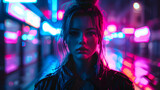 The intense gaze of a woman captured with a neon-lit street backdrop, conjuring a night-time urban vibe