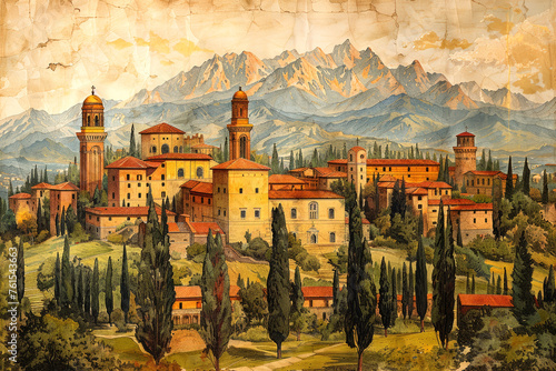 Tuscan landscape  Italian village against the backdrop of mountains and trees. Drawing for poster  wallpaper.