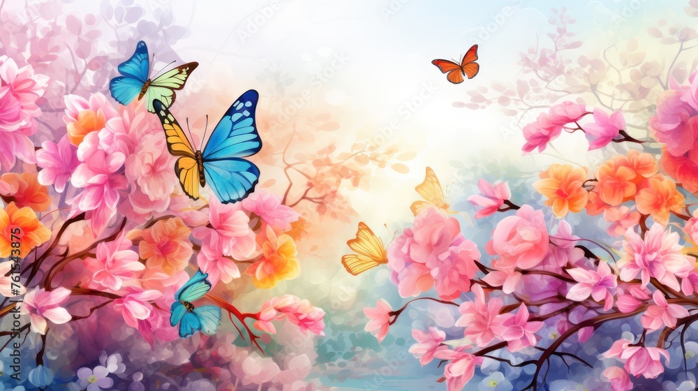 Illustration of colorful flowers with butterflies flying around. Illustration of colorful flowers with butterflies flying around.