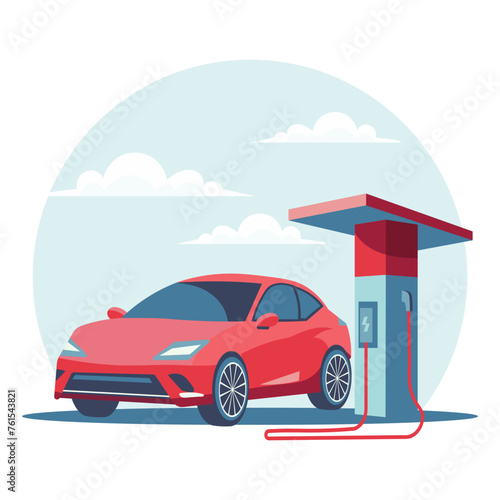Modern electric car at a charging station. Green technology. Illustration, vector
