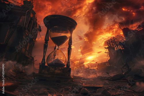 apocalyptic scene with fiery skies and crumbling structures, where an hourglass stands unyielding amidst the chaos, marking the final moments before doomsday,