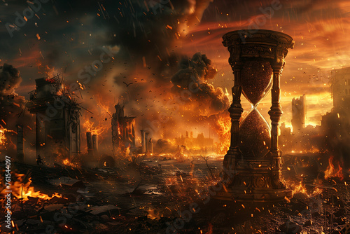 apocalyptic scene with fiery skies and crumbling structures, where an hourglass stands unyielding amidst the chaos, marking the final moments before doomsday,