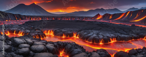 Volcanic background, molten lava, magma flowing on rocky ground, burning fire. Volcano eruption and earthquake disaster.