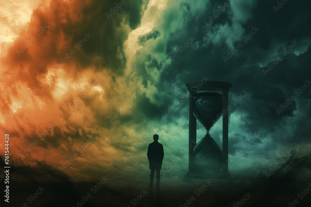 solemn figure standing before a massive hourglass, its sands rapidly depleting, as the sky darkens and clouds gather ominously, symbolizing the urgency of time before doomsday,