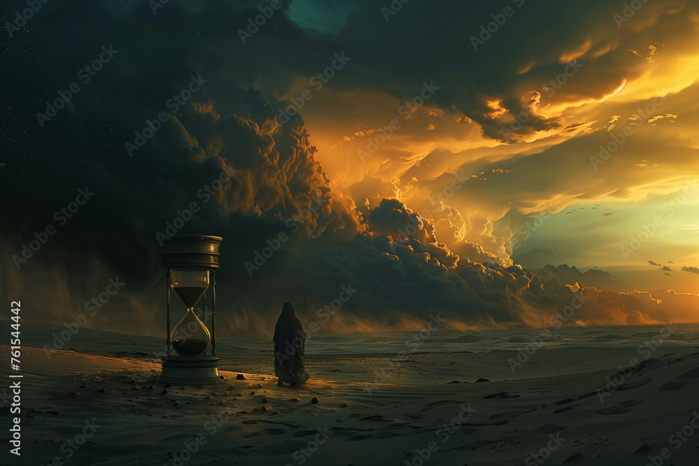 solemn figure standing before a massive hourglass, its sands rapidly depleting, as the sky darkens and clouds gather ominously, symbolizing the urgency of time before doomsday, - obrazy, fototapety, plakaty 