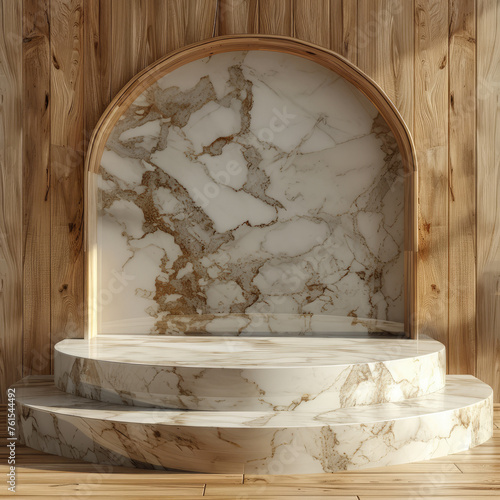 An elegant marble podium with golden veins set against a textured wooden backdrop photo