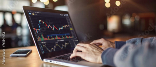 Stock trading investor trader broker using crypto exchange platform analyzing chart data on screen. Online investing money in financial market prices indexes analysis and forecast background.