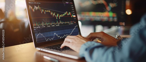 Stock trading investor trader broker using crypto exchange platform analyzing chart data on screen. Online investing money in financial market prices indexes analysis and forecast background.