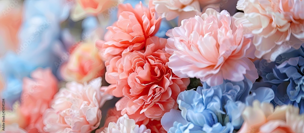 Fototapeta premium A closeup image showcasing a colorful assortment of pink and electric blue flowers, highlighting the beauty of natures natural palette