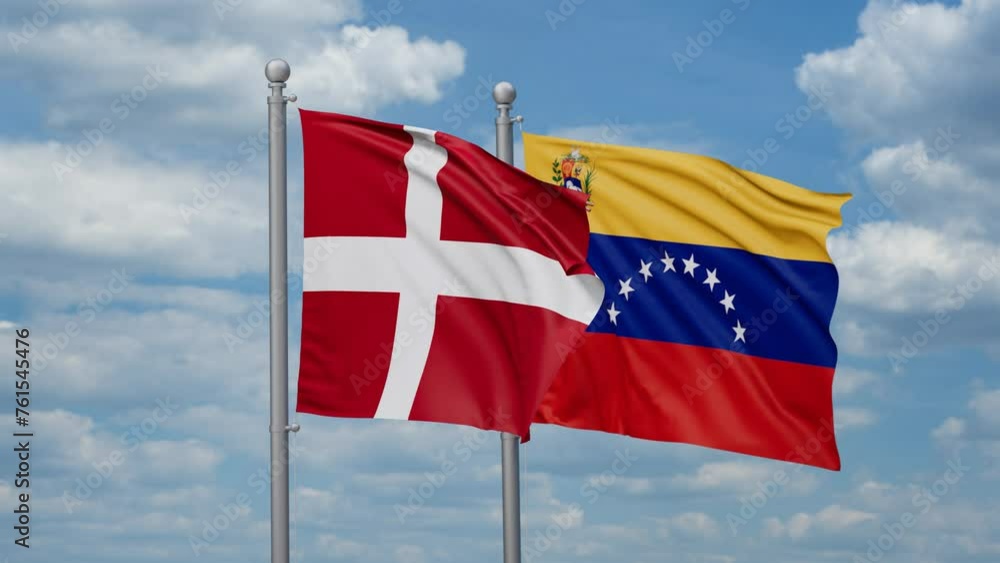 Venezuela and Denmark two flags waving together, looped video Venezuela and Denmark two flags waving together, looped video