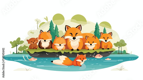 Fototapeta Naklejka Na Ścianę i Meble -  doodle family fox animal in float island