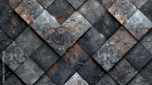Abstract dark blck anthracite gray grey 3d vintage worn shabby lozenge diamond rue motif tiles stone concrete cement marbled stone wall texture wallpaper background, seamless pattern.