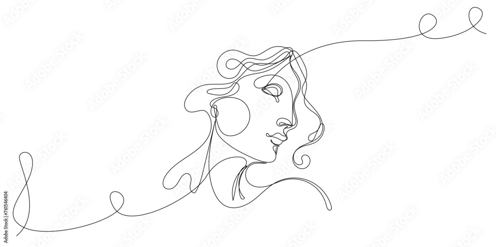 Line Art Woman Portrait. Woman One Line Drawn Face Silhouette. Doodle Outline Line Monoline Woman Face Black Curve Icon. Vector Line Woman Head Illustration	
