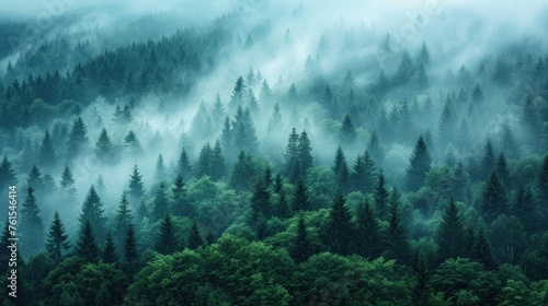 Amazing mystical rising fog forest trees landscape in black forest blackforest ( Schwarzwald ) Germany panorama banner © TheNoteTravel